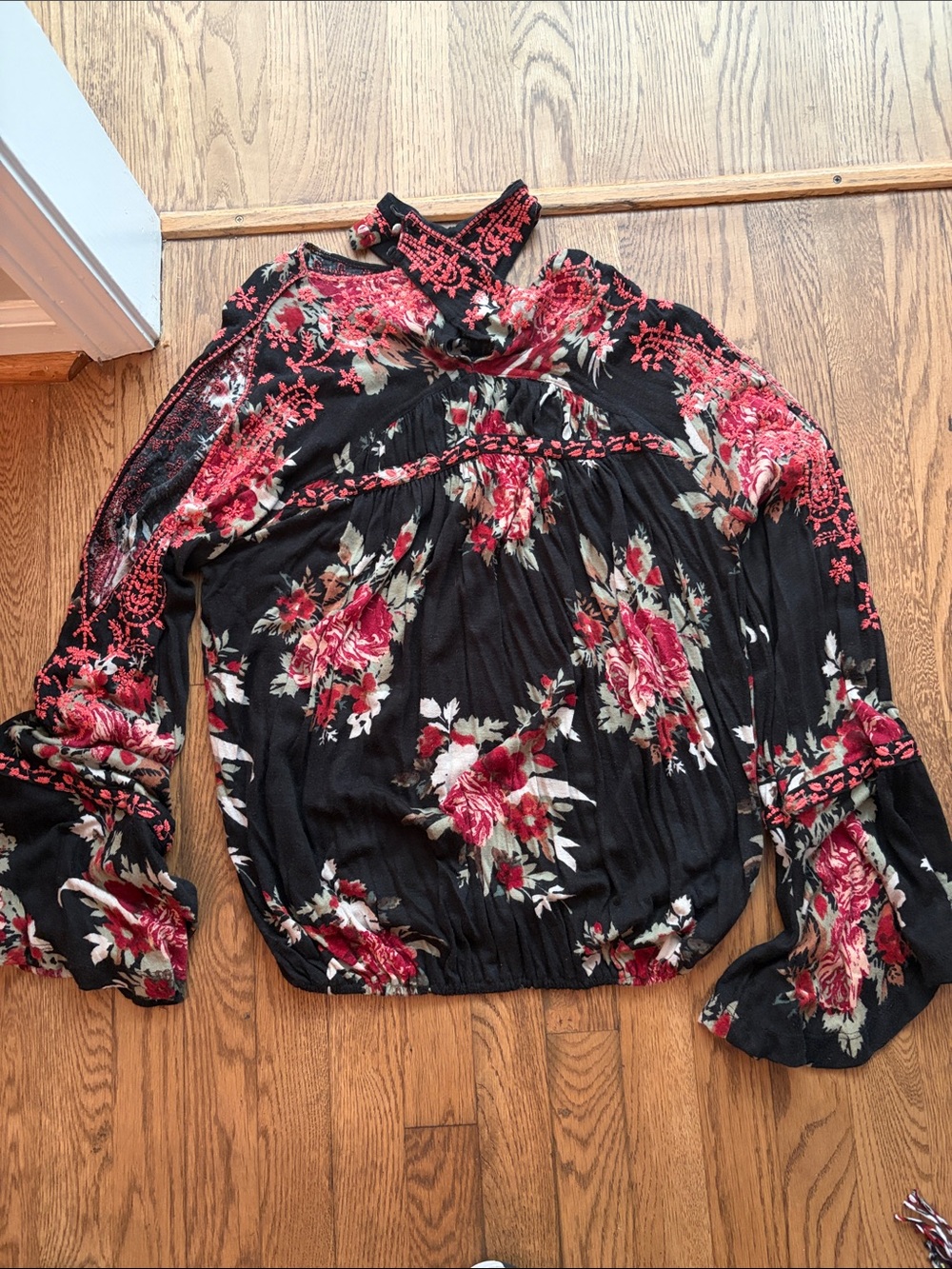 Free People Women's Black Floral Long-Sleeve Blouse with Rose Print